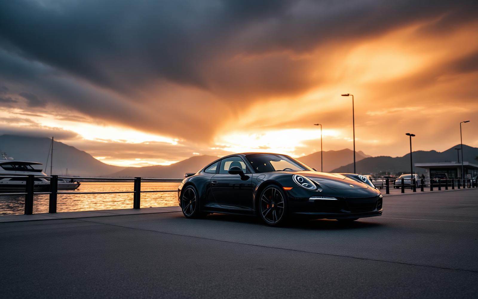 Porsche 911 Carrera S nera al tramonto
